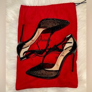 Louboutin Solapatina Black Mesh Crystal T Strap Pumps — 39.5